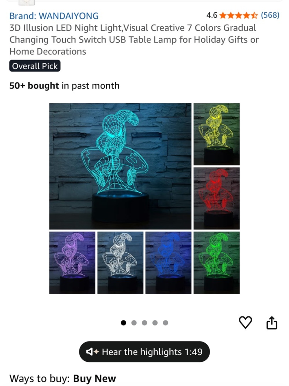 WANDAIYONG 3D Illusion LED Night Light - Multicolor Spider-Man